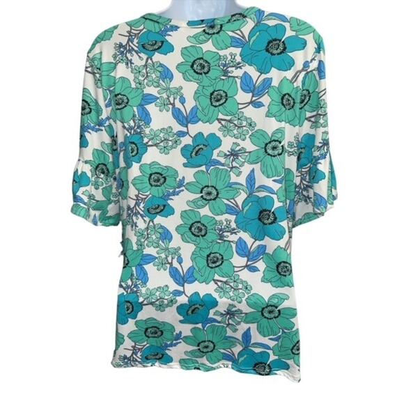 Juniper & Lime XL Top Green Blue Soft Stretch Floral Flare Bell Short Sleeves - Picture 5 of 5